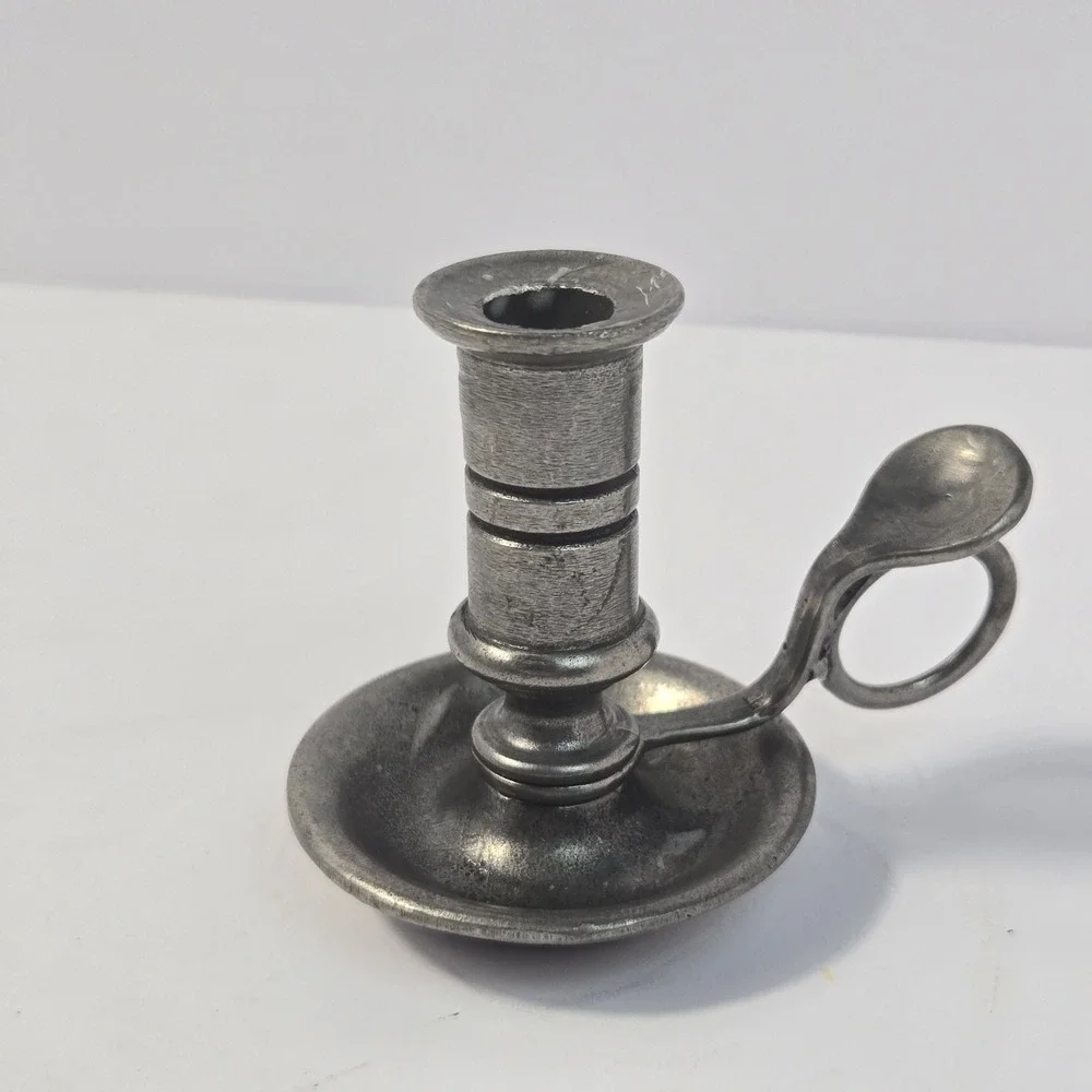 Vintage Morgan Pewter Chamberstick Candlestick Holder with Finger Loop Handle